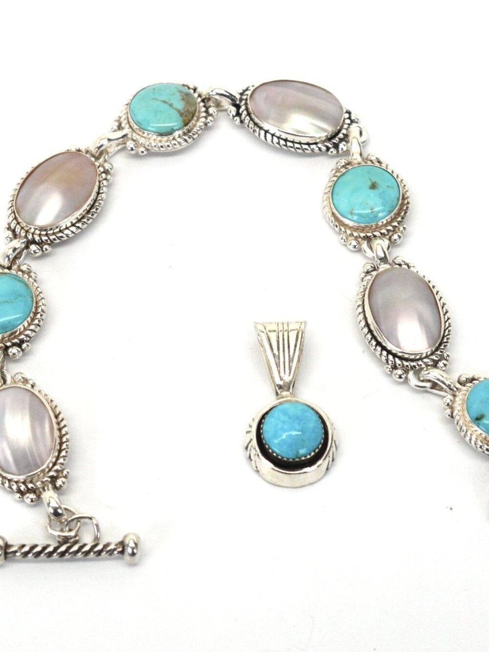 Carolyn Pollack and Running Bear Navajo Sterling Bracelet and Pendant w Turquois